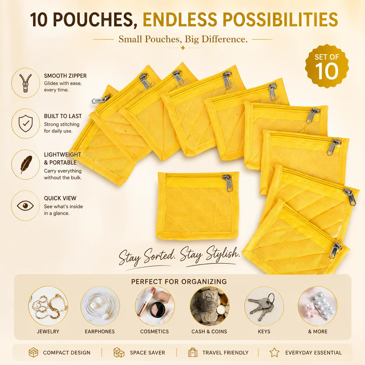 Premium Travel Velvet Jewelry Organizer – 10 Clear Storage Pouches
