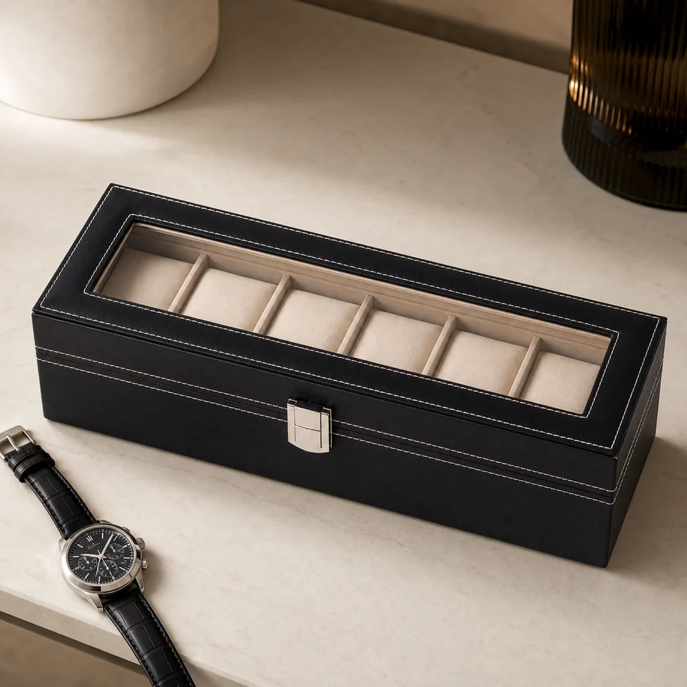 TimeNest™ Premium Leather 6-Slot Watch Holder Box  (Proudly Handcrafted in India)