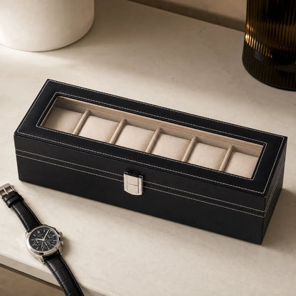 TimeNest™ Premium Leather 6-Slot Watch Holder Box  (Proudly Handcrafted in India)