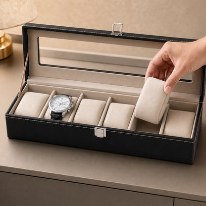 TimeNest™ Premium Leather 6-Slot Watch Holder Box  (Proudly Handcrafted in India)