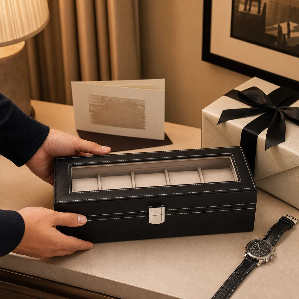 TimeNest™ Premium Leather 6-Slot Watch Holder Box  (Proudly Handcrafted in India)