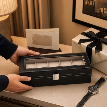 TimeNest™ Premium Leather 6-Slot Watch Holder Box  (Proudly Handcrafted in India)