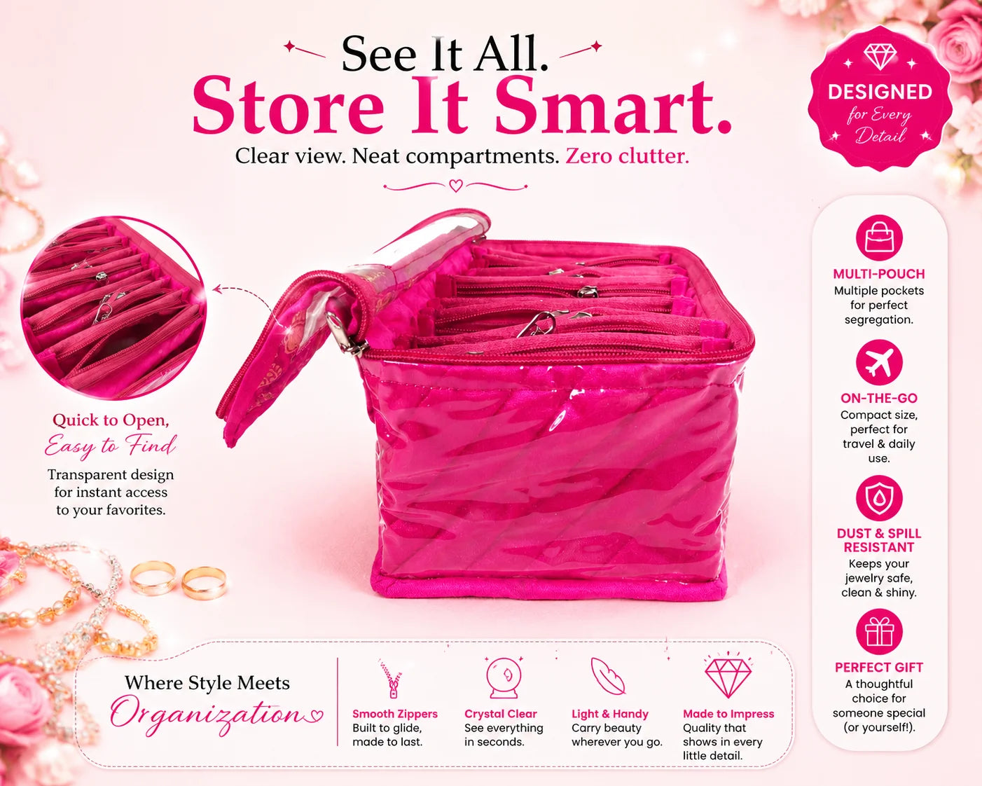 Premium Travel Velvet Jewelry Organizer – 10 Clear Storage Pouches
