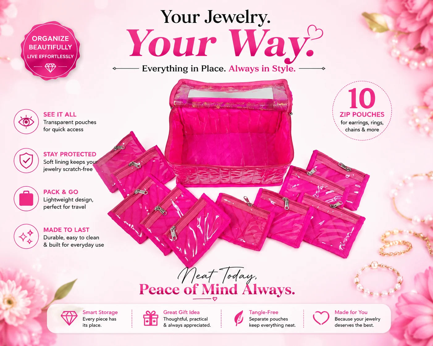 Premium Travel Velvet Jewelry Organizer – 10 Clear Storage Pouches