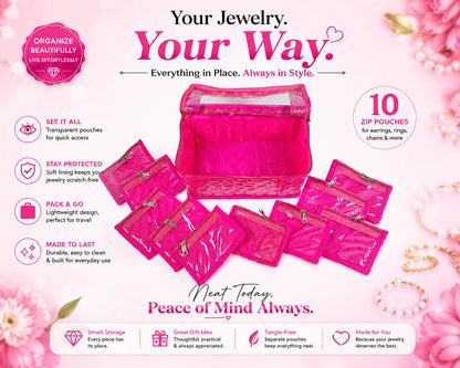 Premium Travel Velvet Jewelry Organizer – 10 Clear Storage Pouches