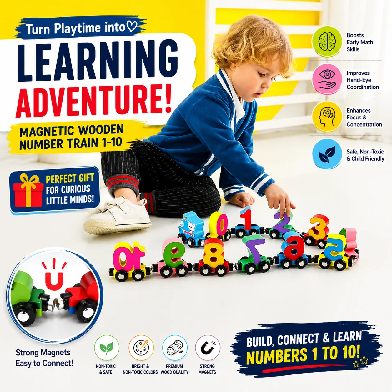 Educational Wooden Magnetic 1–10 Number Train – Learn Through Play
