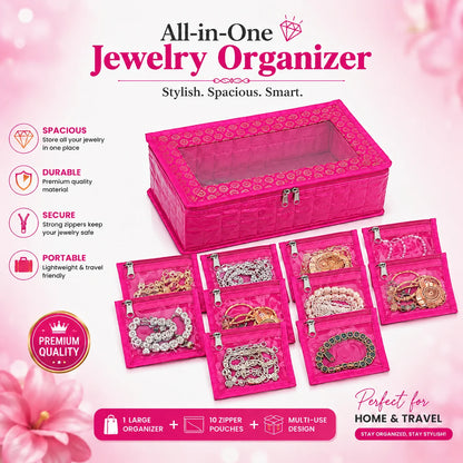 Premium Travel Velvet Jewelry Organizer – 10 Clear Storage Pouches