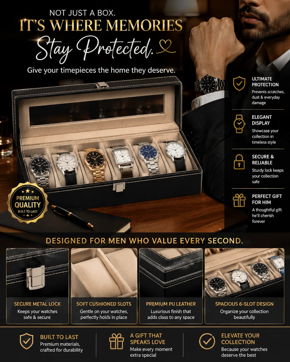 EliteTick™ Premium 6-Slot Watch & Bracelet Holder (Proudly Handcrafted in India)