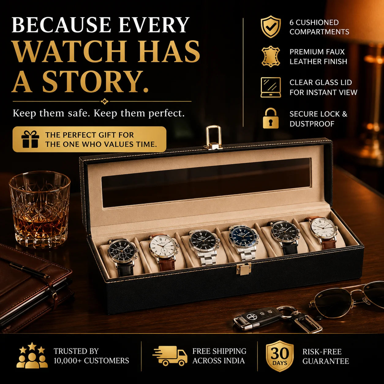 EliteTick™ Premium 6-Slot Watch & Bracelet Holder (Proudly Handcrafted in India)