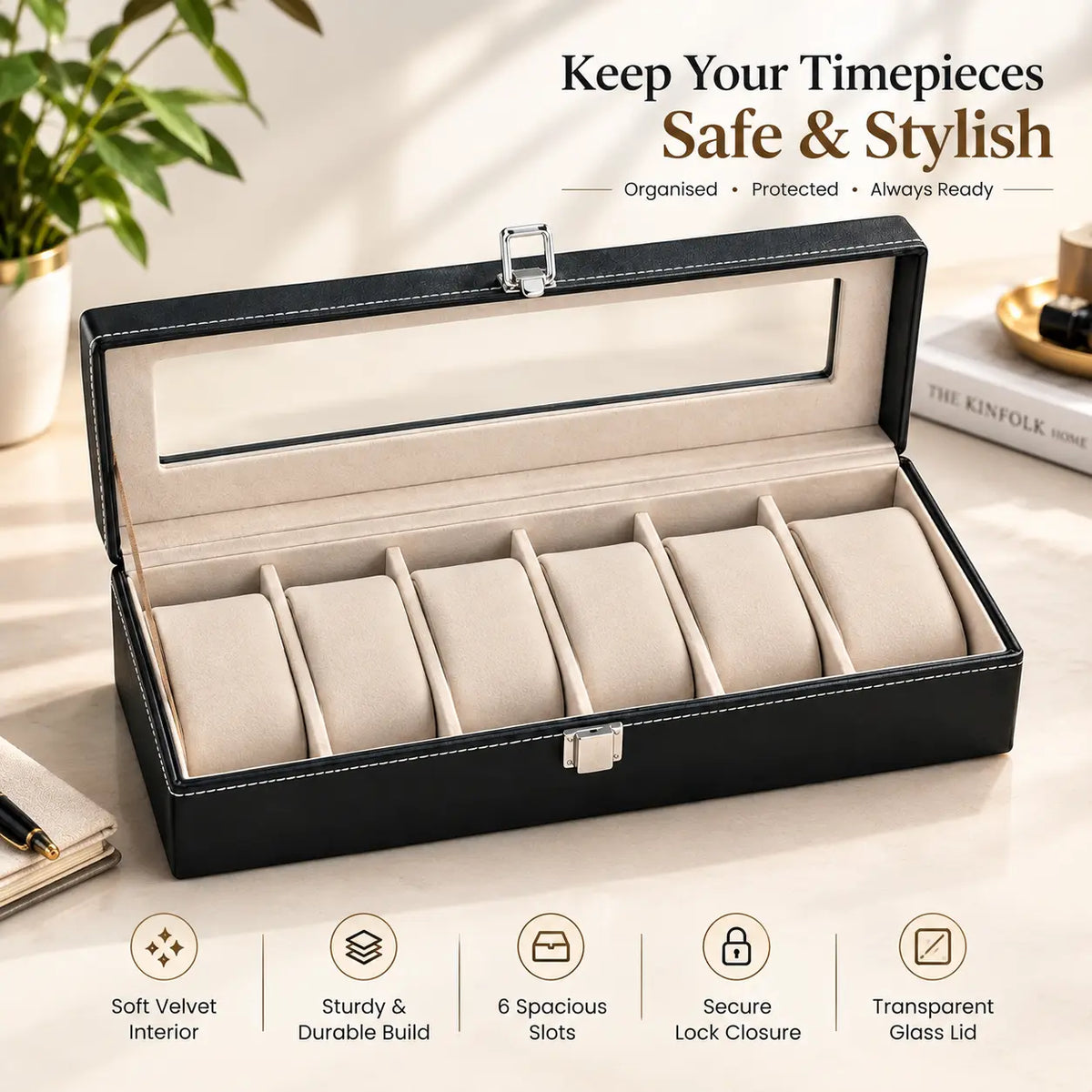 TimeNest™ Premium Leather 6-Slot Watch Holder Box  (Proudly Handcrafted in India)
