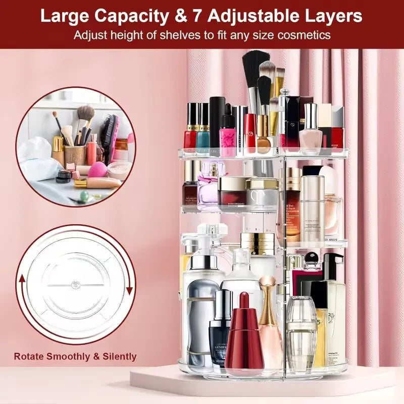 360° Rotating Makeup Organizer – Large Capacity Cosmetic Storage Box with 7 Adjustable Shelves for Brushes, Skincare & Lipsticks