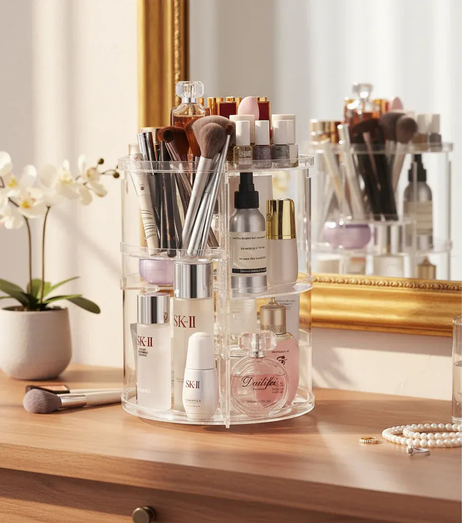 360° Rotating Makeup Organizer – Large Capacity Cosmetic Storage Box with 7 Adjustable Shelves for Brushes, Skincare & Lipsticks