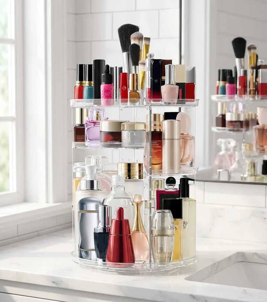 360° Rotating Makeup Organizer – Large Capacity Cosmetic Storage Box with 7 Adjustable Shelves for Brushes, Skincare & Lipsticks