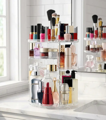 360° Rotating Makeup Organizer – Large Capacity Cosmetic Storage Box with 7 Adjustable Shelves for Brushes, Skincare & Lipsticks